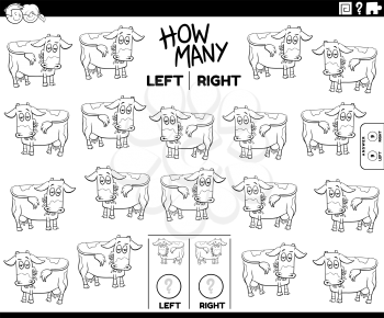 Black and White Cartoon Illustration of Educational Task of Counting Left and Right Oriented Pictures of Cow Farm Animal Character Coloring Book Page
