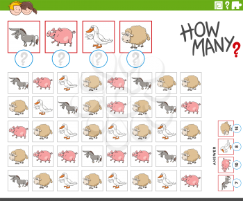 Illustration of Educational Counting Task for Children with Cartoon Farm Animal Characters