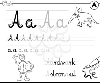 Black and White Cartoon Illustration of Writing Skills Practice Worksheet with Letter A for Preschool and Elementary Age Children Coloring Book