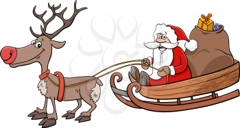 Cartoon Illustration of Santa Claus Christmas Character on Sleigh with Sack of Presents and Reindeer