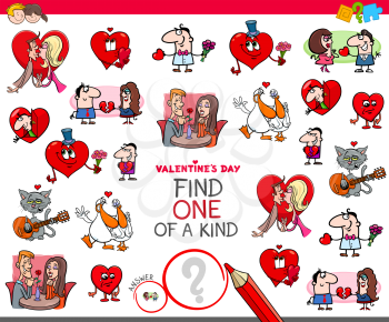 Cartoon Illustration of Find One of a Kind Picture Educational Game for Preschool and Elementary Age Kids with Valentines Characters