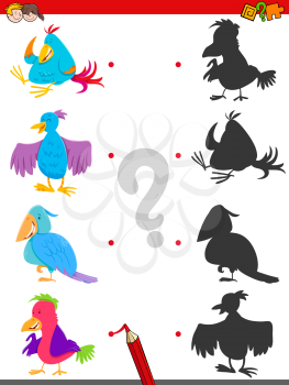Cartoon Illustration of Matching Shadows Educational Game for Children with Birds Animal Characters