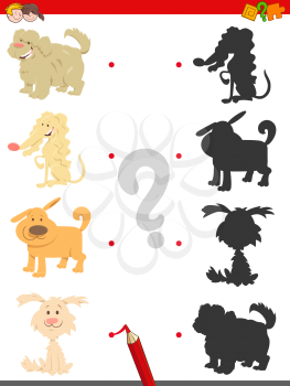 Cartoon Illustration of Find the Right Shadow Educational Game for Children with Cute Dogs and Puppies Animal Characters