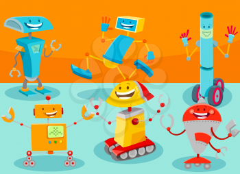 Cartoon Illustration of Happy Robots or Droids Fantasy or Science Characters