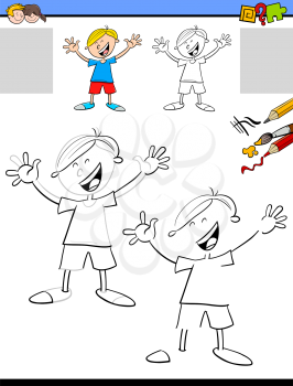 Cartoon Illustration of Drawing and Coloring Educational Activity for Children with Happy Boy Character
