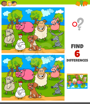 Cartoon Illustration of Finding Differences Between Pictures Educational Game for Children with Happy Farm Animal Characters