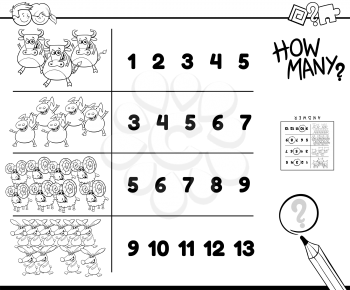 Black and White Cartoon Illustration of Educational Counting Task for Children with Funny Farm Animal Characters Coloring Book