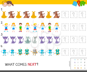 Cartoon Illustration of Completing the Pattern Educational Game for Children with Animals and Kids and Robots Characters