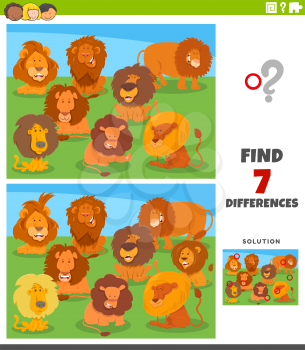 Cartoon Illustration of Finding Differences Between Pictures Educational Game for Kids with Funny Lions Animal Characters Group