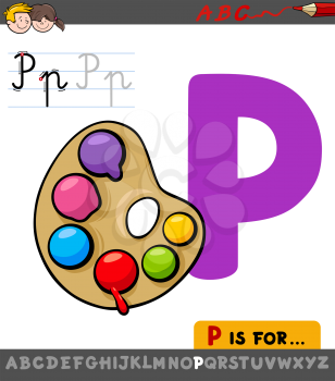 Educational Cartoon Illustration of Letter P from Alphabet with NewspaperPalette with Paints for Children 
