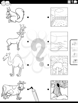 Black and White Cartoon Illustration of Educational Matching Game for Children with Animal Species Characters and their Environments Coloring Book Page