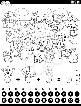 Black and White Cartoon Illustration of Educational Mathematical Counting and Addition Game for Children with Dogs Cats and Mice Coloring Book Page