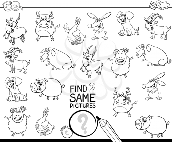 Black and White Cartoon Illustration of Finding Two Same Pictures Educational Activity Game for Kids with Farm Animal Characters Coloring Book