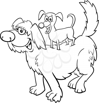Black and white Cartoon illustration of funny little dog on big one comic characters coloring book page