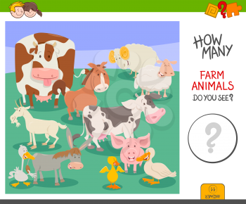 Cartoon Illustration of Educational Counting Activity Game for Preschool Children with Farm Animal Characters