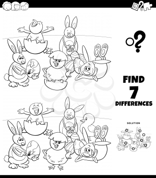 Black and White Cartoon Illustration of Finding Differences Between Pictures Educational Game for Children with Easter Holiday Characters Coloring Book Page