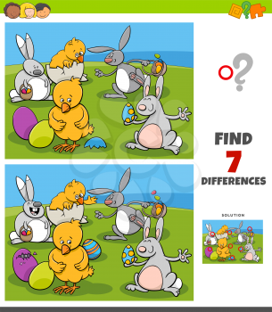 Cartoon Illustration of Finding Differences Between Pictures Educational Game for Children with Easter Bunnies and Chicks Characters