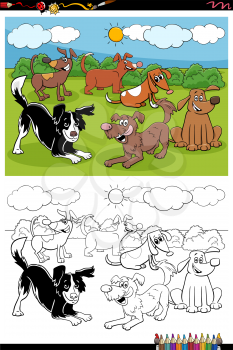 Cartoon Illustration of Cute Playful Dogs Pets Animal Characters Group Coloring Book Page