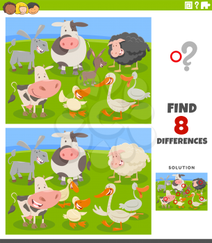 Cartoon Illustration of Finding Differences Between Pictures Educational Task for Kids with Funny Farm Animal Characters Group