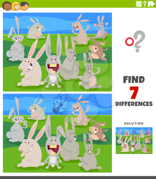 Cartoon Illustration of Finding Differences Between Pictures Educational Game for Kids with Funny Rabbits Animal Characters Group