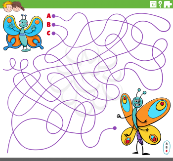 Cartoon Illustration of Lines Maze Puzzle Game with Butterfly Characters