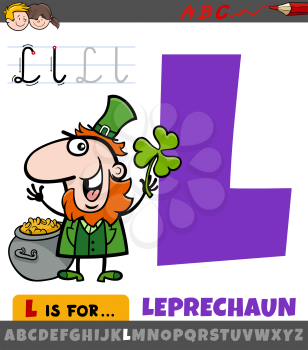 Educational cartoon illustration of letter L from alphabet with leprechaun character for children 