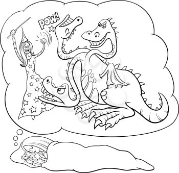 Black and white cartoon illustration of sleeping young girl dreaming about defeating the dragon coloring book page