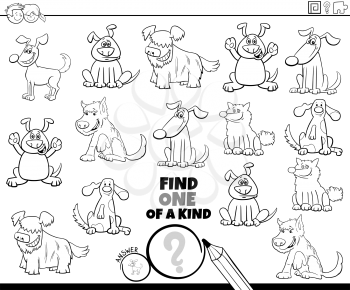 Black and White Cartoon Illustration of Find One of a Kind Picture Educational Game with Funny Dogs and Puppies Animal Characters Coloring Book Page