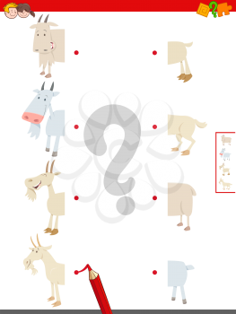 Cartoon Illustration of Educational Game of Matching Halves of Goats Farm Animal Characters