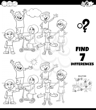 Black and White Cartoon Illustration of Finding Differences Between Pictures Educational Game for Children with Kids and Teens Characters Group Coloring Book Page