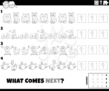 Black and white cartoon illustration of completing the pattern educational game for kids with funny animal characters coloring book page