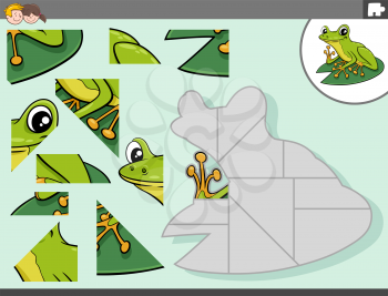 Cartoon illustration of educational jigsaw puzzle game for children with green frog animal character