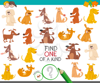 Cartoon Illustration of Find One of a Kind Picture Educational Activity Game with Cute Dogs and Puppies Characters