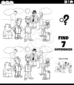Black and White Cartoon Illustration of Finding Differences Between Pictures Educational Task for Kids with People Characters Group Coloring Book Page