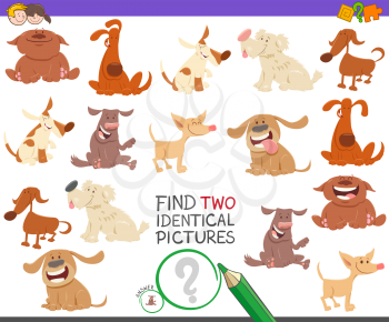 Cartoon Illustration of Finding Two Identical Pictures Educational Game for Children with Cute Dogs and Puppies Funny Characters