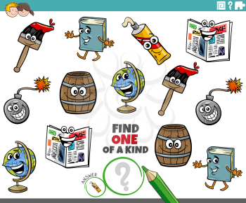 Cartoon Illustration of Find One of a Kind Picture Educational Game with Funny Object Characters