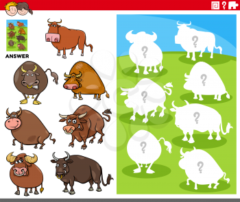 Cartoon Illustration of Match Objects and the Right Shape or Silhouette with Bulls Farm Animal Characters Educational Game for Children