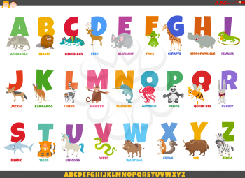 Cartoon Illustration of Colorful Full Alphabet Set with Happy Animal Characters and Captions
