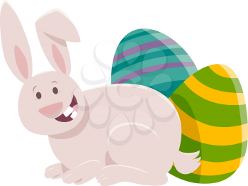 Cartoon Illustration of Easter Bunny with Colored Easter Eggs