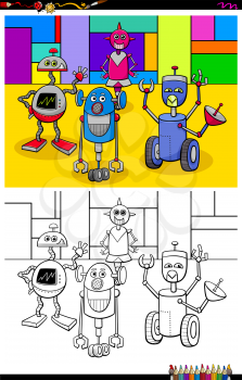 Cartoon Illustration of Funny Robots Fantasy Characters Coloring Book Activity