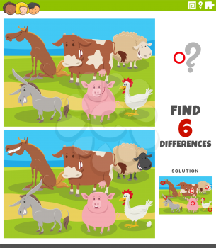 Cartoon illustration of finding the differences between pictures educational game for children with funny farm animal characters