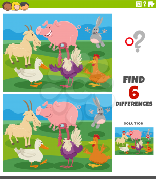 Cartoon illustration of finding the differences between pictures educational game for children with comic farm animal characters