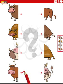 Cartoon illustration of educational game of matching halves of pictures with funny bulls farm animal characters