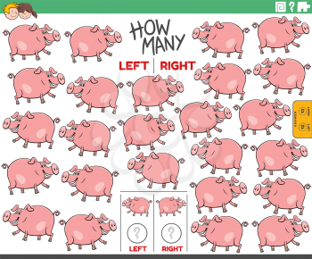 Cartoon illustration of educational task of counting left and right oriented pictures of pig farm animal character