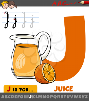 Educational cartoon illustration of letter J from alphabet with juice word for children 