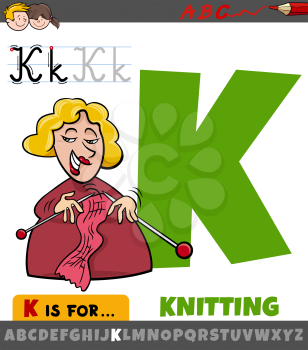 Educational cartoon illustration of letter K from alphabet with knitting word for children 