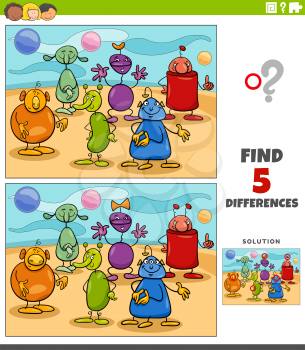 Cartoon illustration of finding the differences between pictures educational game for kids with aliens or funny fantasy characters
