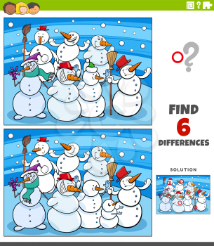 Cartoon illustration of finding the differences between pictures educational game for kids with funny snowmen characters