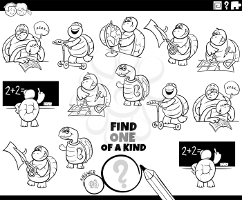 Black and white cartoon illustration of find one of a kind picture educational game with funny turtles student characters coloring book page