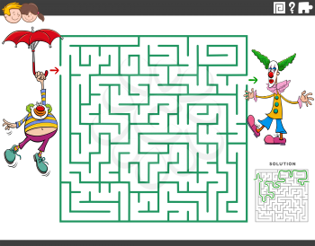 Cartoon illustration of educational maze puzzle game for children with funny clowns characters